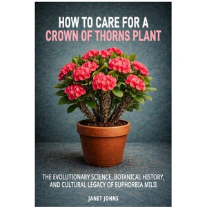 Puede incluir: Portada de libro con una planta de corona de Cristo en una maceta de terracota. La planta tiene flores rojas vibrantes y hojas verdes. El título dice "HOW TO CARE FOR A CROWN OF THORNS PLANT". La autora es Janet Johns.