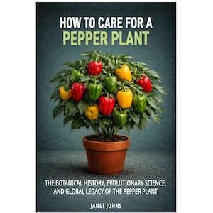 Puede incluir: Portada de libro con una planta de pimientos rojos, amarillos y verdes en maceta de terracota. El título es "HOW TO CARE FOR A PEPPER PLANT". La autora es Janet Johns. El libro trata la historia botánica.