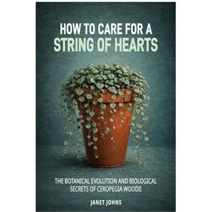 May include: A terracotta pot filled with a String of Hearts plant, with trailing vines. The book cover reads "HOW TO CARE FOR A STRING OF HEARTS" and "THE BOTANICAL EVOLUTION AND BIOLOGICAL SECRETS OF CEROPEGIA WOODII" by Janet Johns.