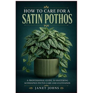 May include: A book titled How to Care for a Satin Pothos by Janet Johns. The cover features a dark teal background with a green, heart-shaped, variegated plant in a ribbed olive green pot. The text reads A Professional Guide to Mastering Scindapsus Pictus Care and Cultivation.