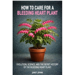 以下が含まれることがあります： ピンク色のハート型の花と緑の葉を持つ、鉢植えのケマンソウが表紙の書籍。タイトル「HOW TO CARE FOR A BLEEDING HEART PLANT」はピンク色のテキストで表示されています。著者名、Janet Johnsも表示されています。