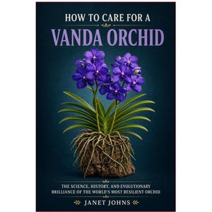 May include: A book titled How to Care for a Vanda Orchid by Janet Johns. The cover features a dark blue background with a vibrant purple Vanda orchid plant, showing green leaves and exposed roots attached to a piece of textured brown bark.