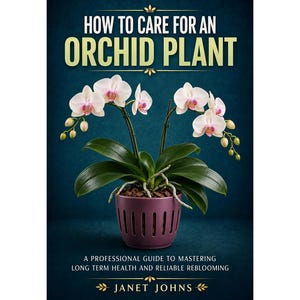 May include: A book titled How to Care for an Orchid Plant by Janet Johns. The cover features a white orchid with pink centers in a purple slotted pot against a dark blue background, with the subtitle A Professional Guide to Mastering Long Term Health and Reliable Reblooming.