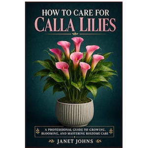 May include: A book cover titled HOW TO CARE FOR CALLA LILIES by Janet Johns. The cover features a potted plant with vibrant pink calla lilies and green leaves in a ribbed gray pot against a dark teal background, with the subtitle A PROFESSIONAL GUIDE TO GROWING, BLOOMING, AND MASTERING RHIZOME CARE.