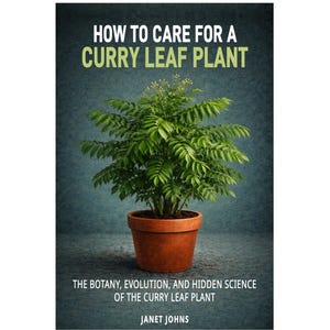 May include: A book cover showing a curry leaf plant in a terracotta pot. The title reads "HOW TO CARE FOR A CURRY LEAF PLANT" in white and green text. The author's name, Janet Johns, is at the bottom of the cover.
