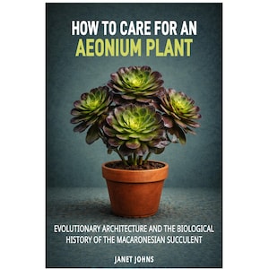以下が含まれることがあります： 緑と紫のロゼットを持つ鉢植えのアエオニウム植物が描かれた本の表紙。「HOW TO CARE FOR AN AEONIUM PLANT」というタイトルが太字で大きく表示されています。本には「EVOLUTIONARY ARCHITECTURE AND THE BIOLOGICAL HISTORY OF THE MACARONESIAN SUCCULENT」というテキストと、著者名であるジャネット・ジョンズも含まれています。