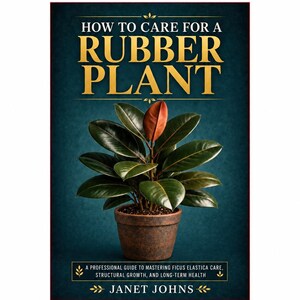 May include: A book cover titled HOW TO CARE FOR A RUBBER PLANT by Janet Johns. The cover features a dark teal background, gold text, and a central image of a potted rubber plant with dark green leaves and one prominent reddish-brown leaf.