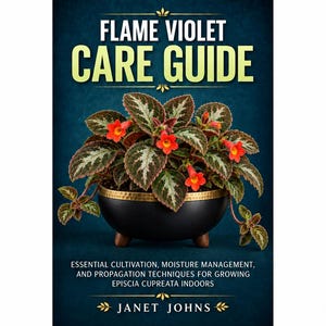 May include: A book cover titled FLAME VIOLET CARE GUIDE by Janet Johns. The cover features a Flame Violet plant with patterned green and bronze leaves and small orange flowers, potted in a black bowl with a gold rim and three wooden feet.