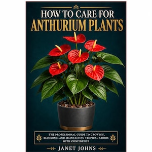 May include: A book cover titled How to Care for Anthurium Plants by Janet Johns. The cover features a potted anthurium plant with vibrant red heart-shaped spathes and yellow spadices, set against a dark teal background with gold text.
