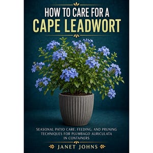 May include: A book cover titled How to Care for a Cape Leadwort by Janet Johns. The cover features a potted Cape Leadwort plant with blue flowers in a grey ribbed container against a dark blue background, with text about seasonal patio care.