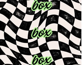 Puede incluir: Arte digital abstracto con un patrón de tablero de ajedrez en blanco y negro distorsionado. La palabra "box" se repite tres veces en verde neón, con una fuente manuscrita, superpuesta al diseño. La estética general es retro y psicodélica.