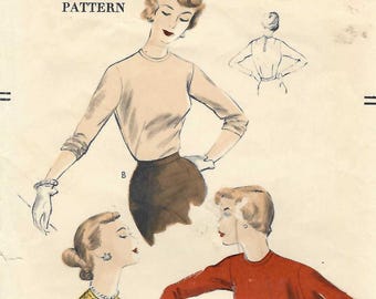 Vogue 7394 Blouse Sewing Pattern Jewel Neck French Darts Vintage 50s Size 16 B34
