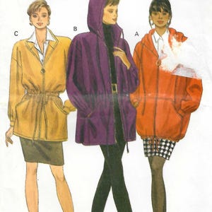 May include: Butterick 5089 sewing pattern featuring three women's fashion designs. The designs include a mustard yellow jacket, a purple hooded coat, and an orange hooded jacket. The pattern size is 6-8-10.