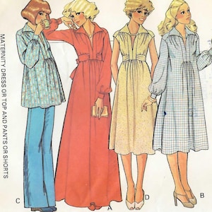 Może przedstawiać: Vintage wzór krawiecki McCall's 5921 na sukienki, topy i spodnie ciążowe. Wzór zawiera ilustracje różnych stylów, w tym długą czerwoną sukienkę, niebiesko-białą sukienkę w kratę i krótką pomarańczową górę z białymi szortami. Rozmiar 10, obwód klatki piersiowej 82.5 cm.