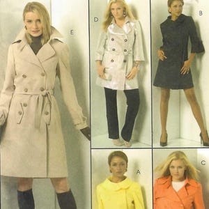 May include: McCall's M5525 sewing pattern showing different coat designs. Includes a beige trench coat, a light grey double-breasted coat, a black coat dress, a yellow coat, and an orange coat. Size B5 (8-10-12-14-16).