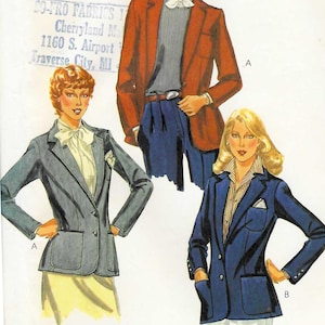 May include: Vintage McCall's sewing pattern featuring three blazer designs. The pattern includes illustrations of a rust-colored, a gray, and a navy blue blazer. The pattern also includes the text "Personalized instructions" and "Pattern/Patron".