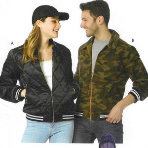 以下が含まれることがあります： McCall's M76337の型紙封筒には4種類のジャケットデザインが掲載されています。Aは黒のキルティングボンバージャケット、Bは迷彩柄のジャケット、Cはツートンカラーのジャケット、Dはフロントジッパー付きの紫色のフード付きジャケットです。