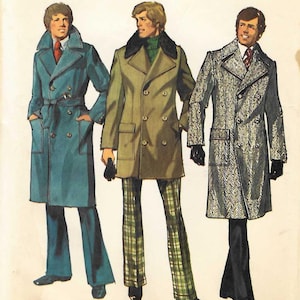 May include: Simplicity 5326 sewing pattern envelope for size 38 chest. The illustration shows three double-breasted coats in blue, olive green, and a grey herringbone pattern, paired with various trousers. Text includes 5326, Simplicity, and Pants not included.