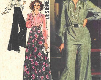 1970s Palazzo Pants Sewing Pattern Maxi Skirt Blouse Simplicity 5977 Size 12 B34 Uncut