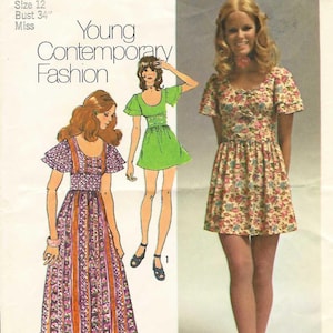 Op de afbeelding: Simplicity naaipatroon met illustraties van drie jurken. Het patroon bevat een jurk met bloemenprint, een groene jurk en een lange jurk met verticale strepen. De tekst luidt "Young Contemporary Fashion". Maat 12, borstomvang 86 cm.
