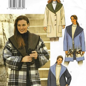 May include: Butterick sewing pattern 3596 for a coat with a large collar and front pockets. The pattern envelope displays illustrations of three coat variations in different colours and patterns, including a black and white plaid design.