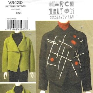 May include: A sewing pattern envelope labeled V8430 Marcy Tilton Wearable Art. It displays two jacket variations: a solid lime green jacket with a wide collar and a black jacket featuring white linear embroidery and three circular red accents.