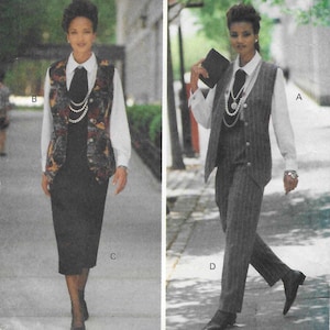 May include: Butterick 6410 sewing pattern envelope for sizes 12-14-16. The front displays two outfit variations: a floral print vest with a black skirt and a pinstriped vest with matching trousers, both worn over a white collared shirt and tie.