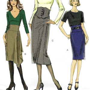 May include: Vogue pattern V8425 featuring three women's fashion designs. The image includes a pencil skirt, a long-sleeved top, a short-sleeved top, and a skirt with an asymmetrical hemline. The pattern size is DD (12-14-16-18).