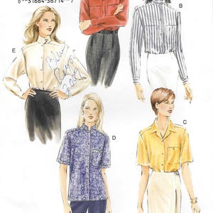 May include: Vogue basic design sewing pattern 7754. The image shows illustrations of various button-down shirts in different colors and patterns. The pattern includes sizes 8, 10, and 12. The Vogue logo is visible at the top.