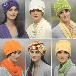 May include: Simplicity pattern 2494 for hats in sizes S, M, and L. The image displays six variations of hats: a purple turban-style hat with a rhinestone accent, a white hat with floral detail, a green hat with braided trim, an orange hat, a multi-colored striped hat, and a yellow textured hat.