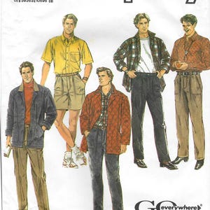 May include: Simplicity pattern featuring various men's clothing styles. The image shows a yellow short-sleeved shirt, a plaid jacket, a red quilted jacket, and other outfits. The text "Go everywhere" is visible.