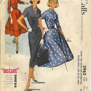 Könnte beinhalten: Ein Vintage-Schnittmusterumschlag von McCall's für ein einteiliges Instant-Kleid, Modell 3962, Größe 11, Brustumfang 80 cm. Die Illustration zeigt drei Kleider-Varianten: ein einfarbiges rotes Kleid, ein dunkelgraues Kleid und ein blaues gepunktetes Kleid.