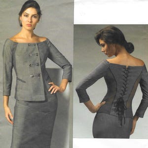 May include: A gray off-the-shoulder suit pattern by Donna Karan. The suit includes a double-breasted jacket and a pencil skirt. The back of the jacket features a corset-style lace-up design. The pattern is labeled V2893, size D (12-14-16).