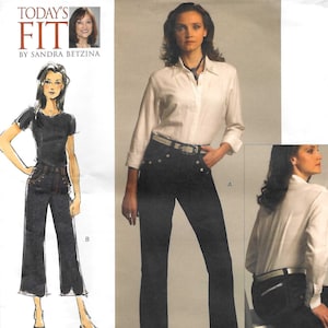 May include: Vogue Patterns sewing pattern V1034. The pattern features a woman wearing a white button-down shirt and dark denim pants. The pattern includes illustrations and the text "TODAY'S FIT" and "VOGUE PATTERNS".