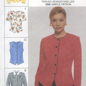 May include: A McCall's 8850 sewing pattern envelope for size B (8, 10, 12) featuring illustrations of eight different jacket and top styles. The cover displays a red long-sleeved jacket with black buttons and various other garment designs.