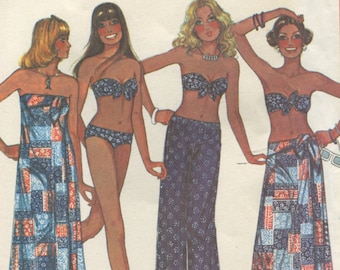 Patrón de costura original McCall's 5034 para traje de baño vintage de los años 70, bikini, pantalón bandeau, pareo, estampados en los bordes, talla 12 B34
