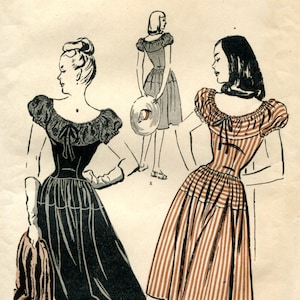 Może przedstawiać: Wzorzec szycia vintage do sukienki z falbanką przy dekolcie i pełną spódnicą. Wzorzec jest dla rozmiaru biustu 12 i pochodzi od firmy Butterick. Wzorzec jest do sukienki ze spódnicą w paski i gładką czarną spódnicą.