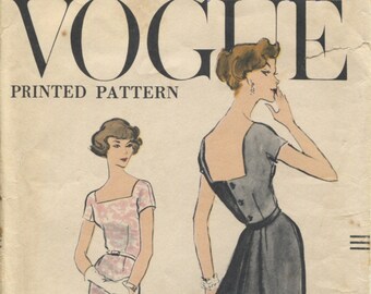 Vogue 9341 Vintage 50s Dress Cocktail Day Square Neck Straight or Full Skirt Original Sewing Pattern Size 14 B34 Uncut