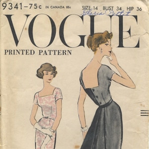 Vogue 9341 Vintage 50er Jahre Kleid Cocktail Day Square Ausschnitt Gerader oder weiter Rock Original Schnittmuster B34 Ungeschnitten