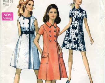 Simplicity 8586 Mod Double Breasted Coat Dress Vintage 60s Original Sewing Pattern Size 12 B34 Uncut