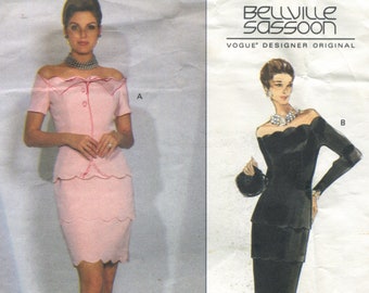 Vogue 2921 Bellville Sassoon 90s Evening Cocktail Dress Formal Scalloped Off Shoulder Original Sewing Pattern Size 12 B34