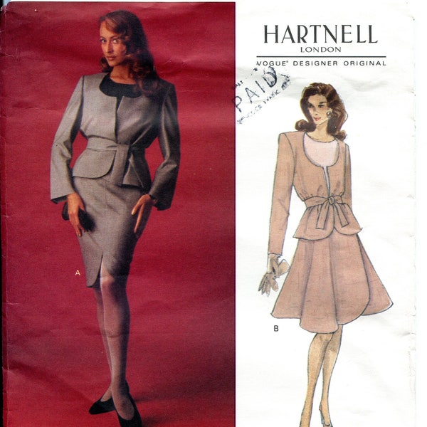 Vogue 1064 Norman Hartnell Vintage 90s Skirt Suit Jacket Tulip Hemline Original Sewing Pattern SIZE 8 10 12 B301.5-34 Uncut