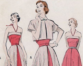 Butterick 5592 1950s Dress Detachable Skirt Strapless Bolero Jacket Sewing Pattern B32