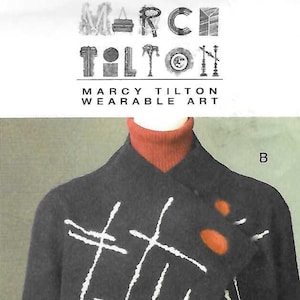 May include: A sewing pattern by Marcy Tilton for wearable art, featuring two jacket designs. One is a lime green, draped-front jacket. The other is a black jacket with white linear and orange dot accents. The pattern number is V8430.