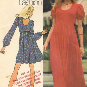 May include: A Simplicity sewing pattern envelope for a Young Contemporary Fashion dress, size 12, bust 34. The cover features illustrations and photographs of a long-sleeved floral print dress and a solid red floor-length dress with puff sleeves.