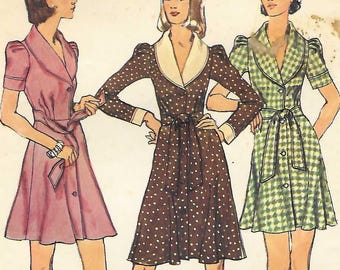 70s-Does-40s Dress Sewing Pattern Puff Sleeves Shawl Collar Simplicity 5843 Size 14 B36