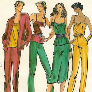 Könnte beinhalten: Butterick Schnittmuster 6847, Größe 10. Die Illustration zeigt vier Figuren in verschiedenen Outfits: ein roter Hosenanzug, ein grüner Hosenanzug, ein grünes Kleid und ein gelber Overall. Das Schnittmuster enthält Rückansichten der Kleidungsstücke.