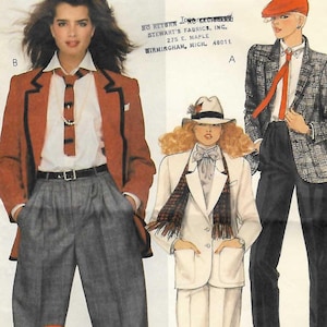May include: A McCall's sewing pattern envelope for Miss Size 10, number 9172, featuring illustrations of three different suit ensembles. The designs include blazers, trousers, shirts, ties, and hats, with the name Brooke printed in orange script.