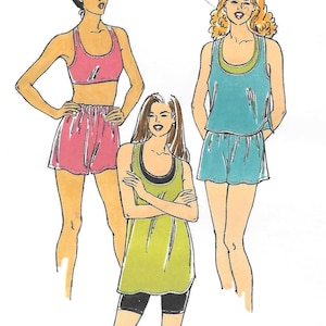 Puede incluir: Patrón Kwik Sew 2609 para ropa de dormir, con ilustraciones de un conjunto de sujetador y shorts rosa, un conjunto de camiseta sin mangas y shorts azules y una túnica verde con shorts negros. Tallas XS-XL.