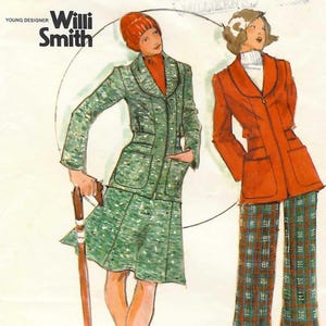 May include: Vintage Butterick sewing pattern featuring two fashion illustrations. One figure wears a green tweed suit with a matching skirt, the other a red jacket and plaid pants. The pattern is size 8.